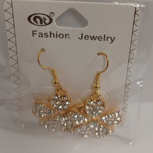 Floral Design Drop Earrings - Gold with Decorative Stones